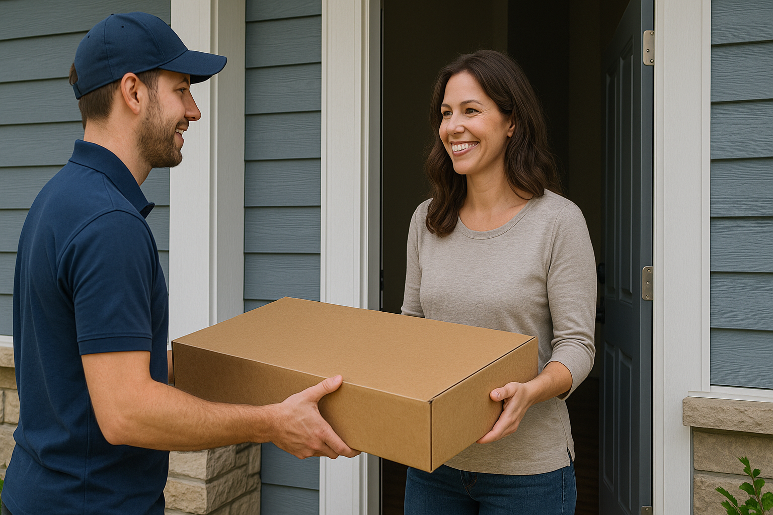Delivery handoff of a medium rectangular box with EVA car mats inside