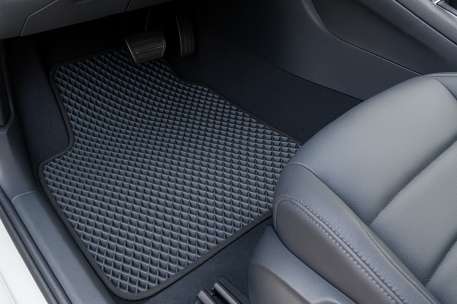 Car interior footwell with EVA mats installed
