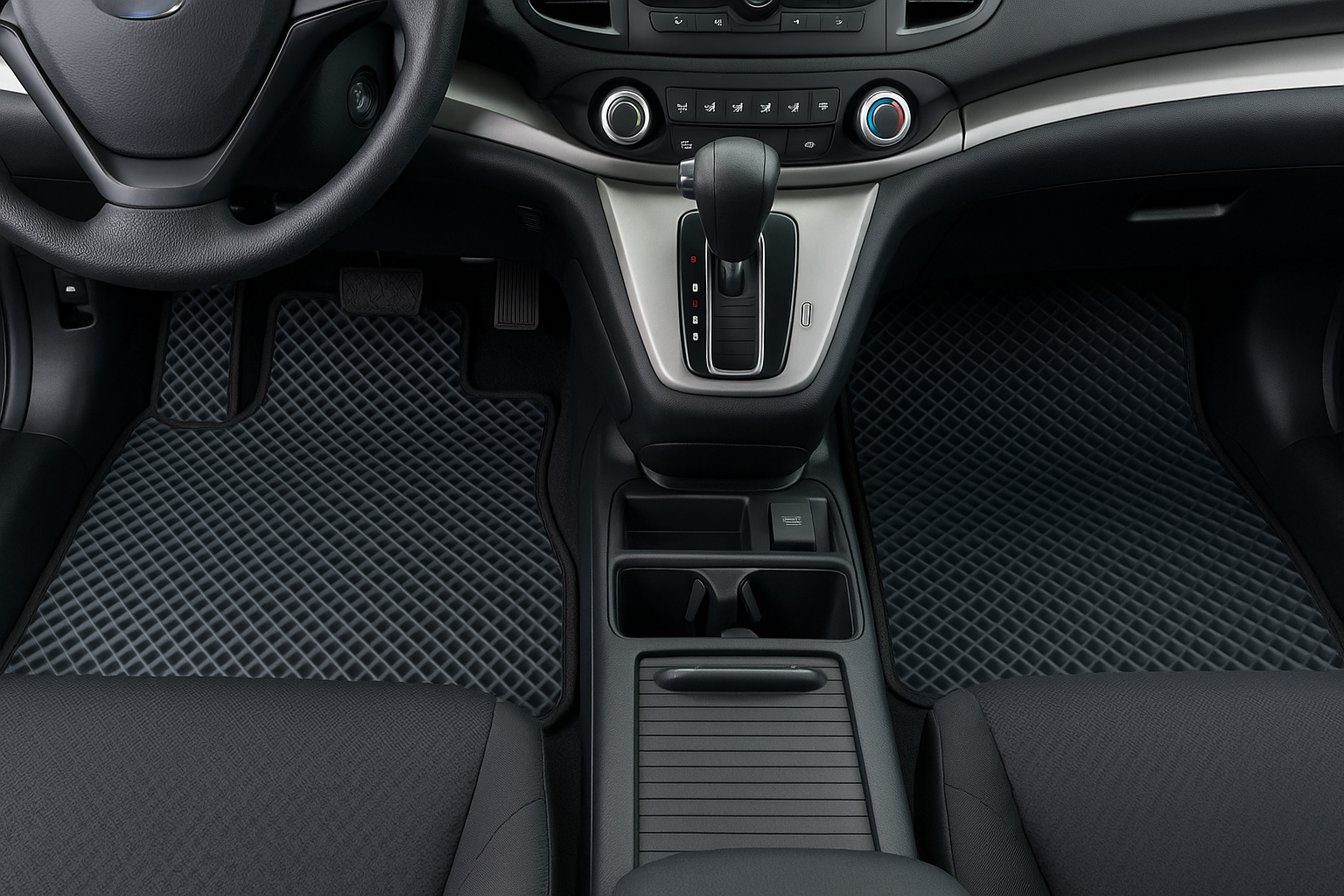 Car interior footwell with EVA rhomb mats symbolizing warranty protection