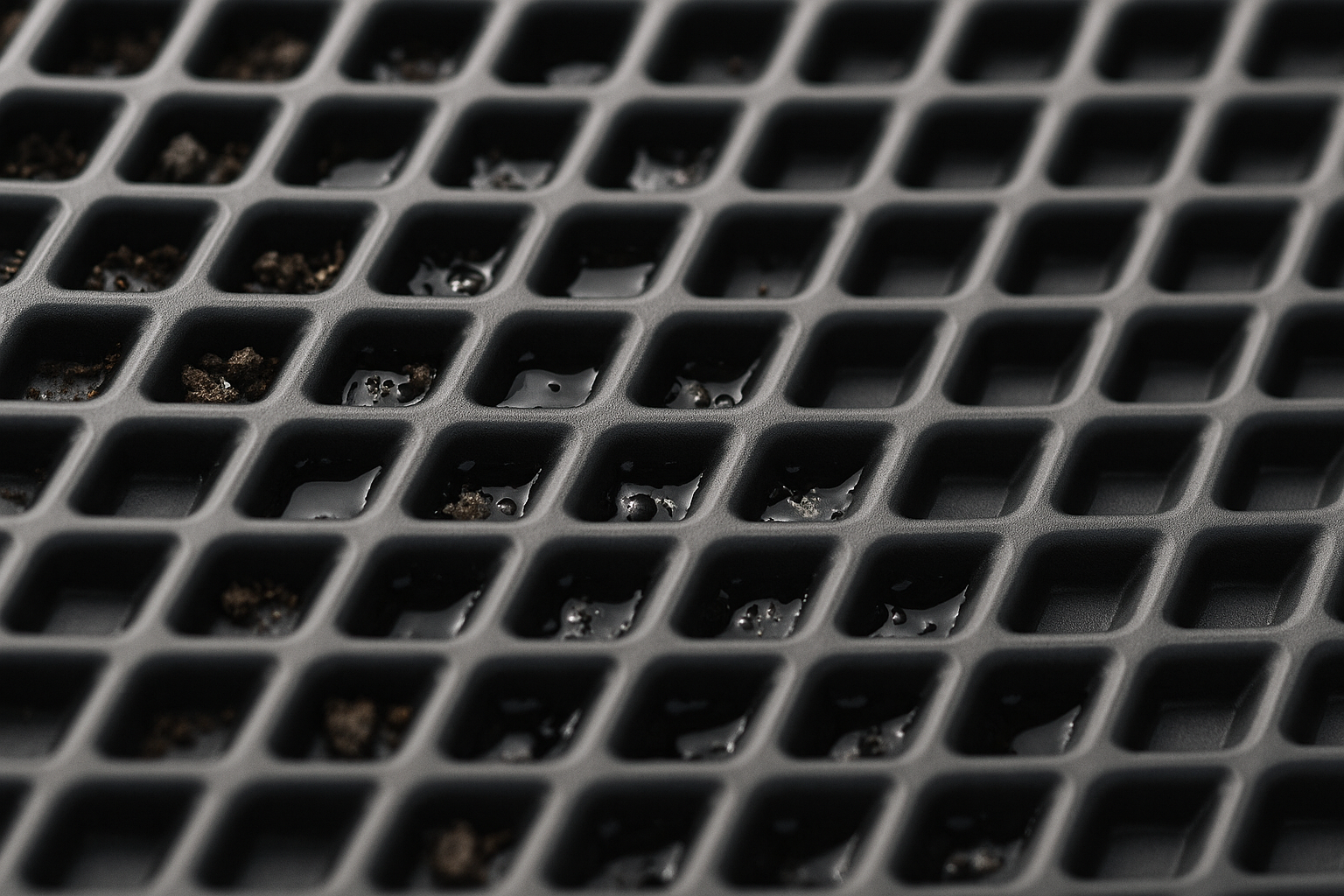 Close-up of EVA rhomb mat trapping dirt and water